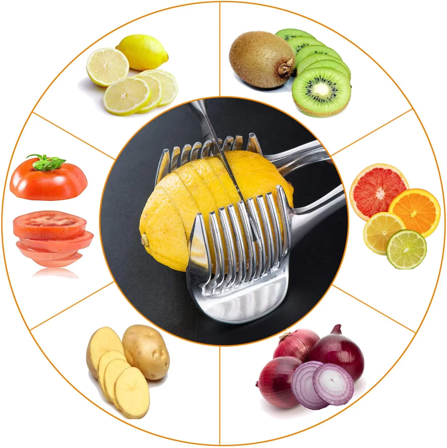 Tomato Slicer Lemon Cutter Holder Aluminum Alloy Easy Slicing Round Fruits Kiwi Lime Vegetables Onion Potato Cutter Guide Tongs with Handle Kitchen Cutting Aid Holder Tool