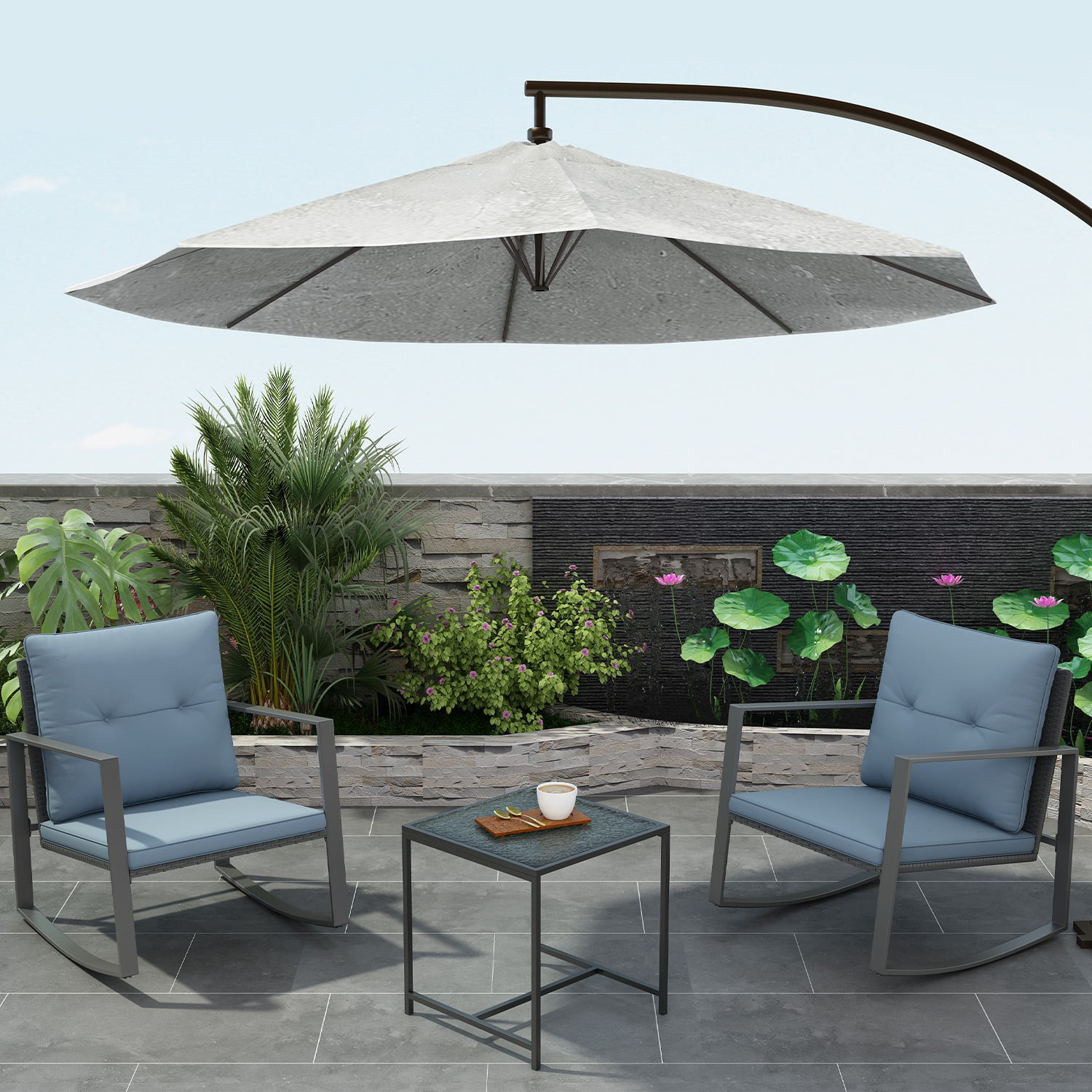 Petal 3-Piece Bistro Furniture Set - A Glass Outdoor Coffee Table With Two Sturdy Perfect Sitting Chairs - Grey