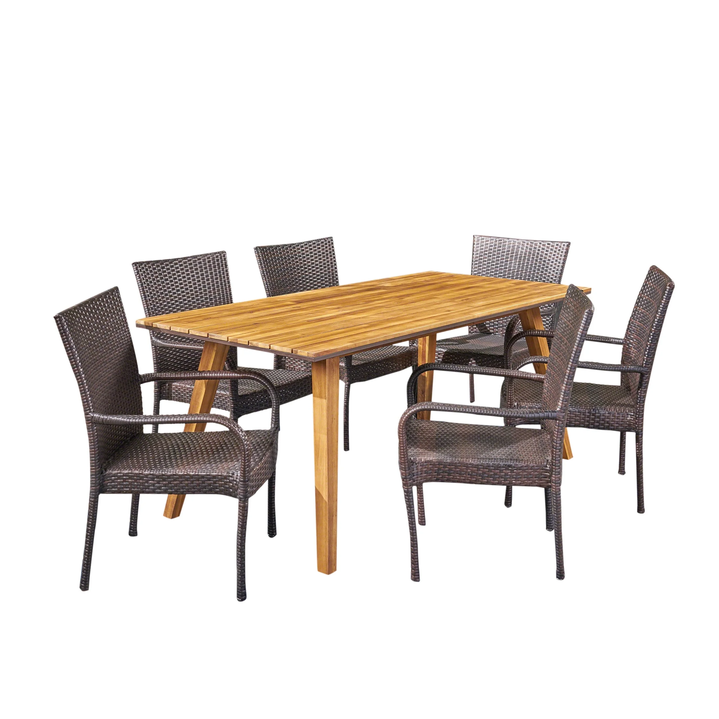 GDF Studio Salcedo Outdoor Wicker and Acacia Wood 7 Piece Stacking Dining Set, Teak and Multibrown