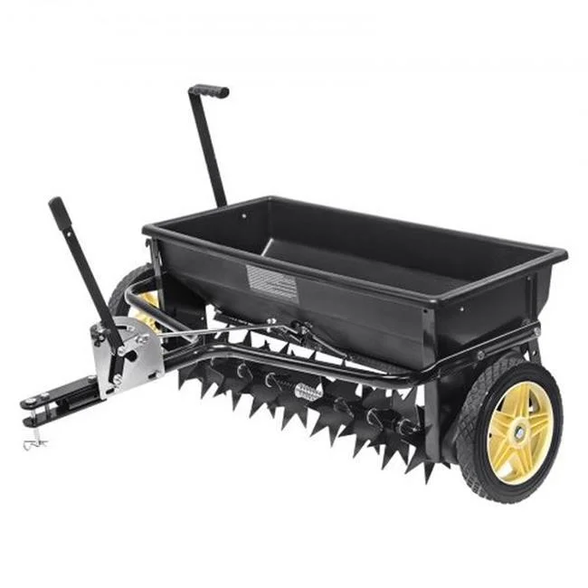 Vevor 100 lbs Tow Behind Poly Drop Broadcast Spreader with 10 in. Wheel Steel Spike Aerator, Black