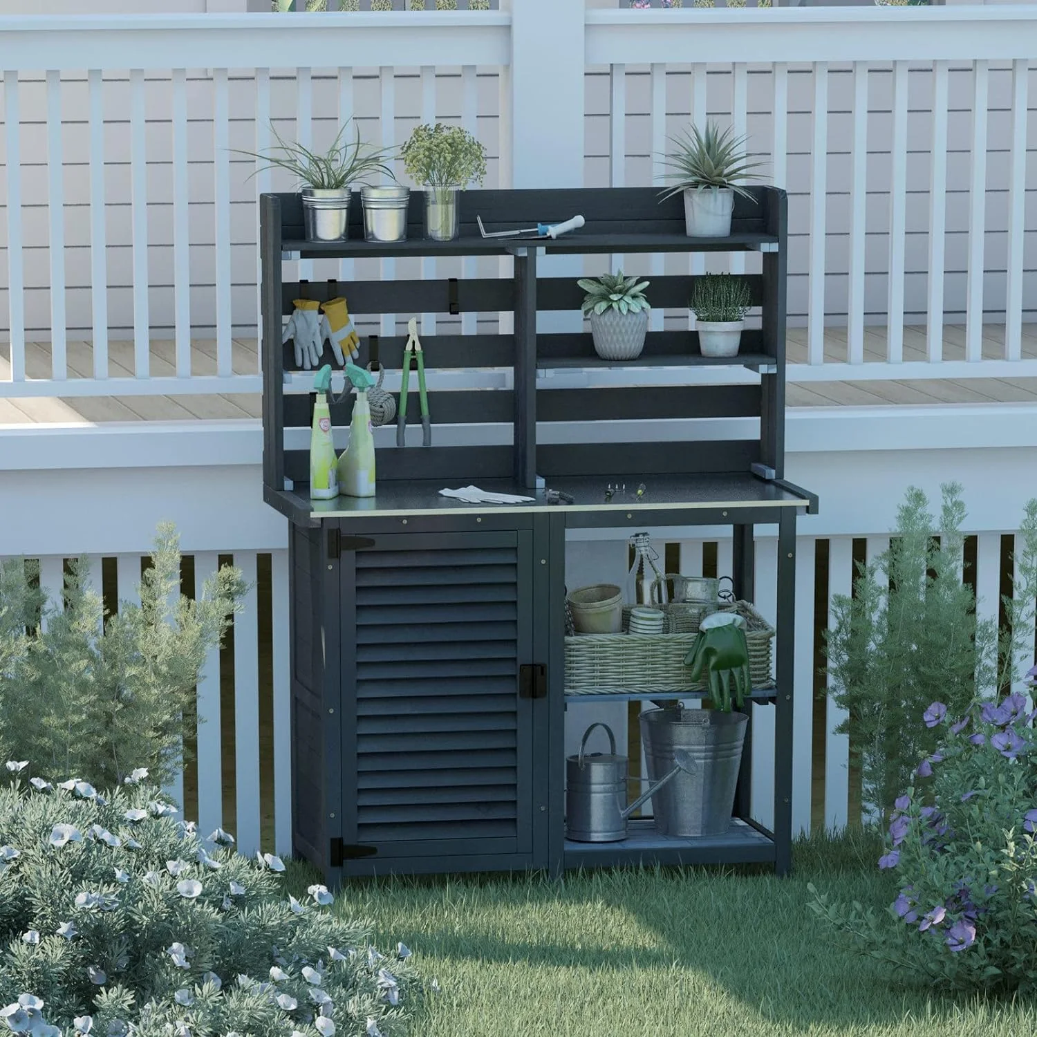Potting Bench Table Large Garden Outdoor Work Bench Metal Tabletop Workstation with Storage Cabinet Shelf Dark Grey