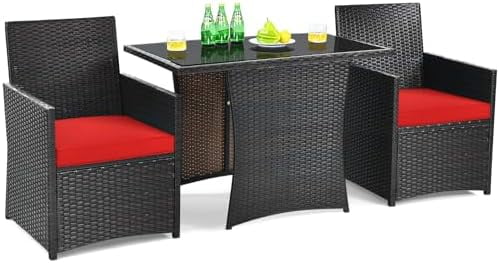 xrboomlife 3 Pieces Patio Dining Set  Outdoor Rattan  with Cushions  Tempered Glass Tabletop  Wicker Conversation Set for Garden Backyard Poolside Porch  White