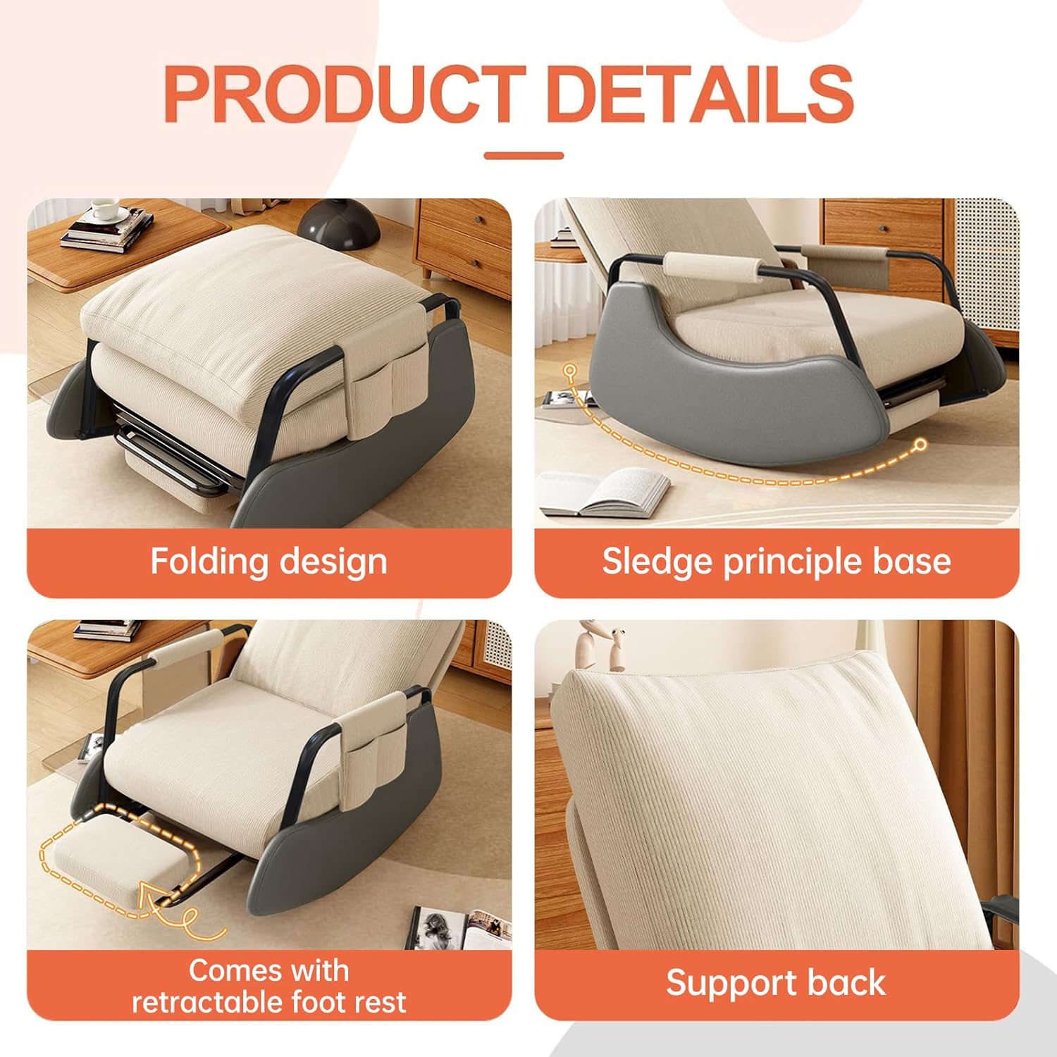 Foldable Rocking Chair with Foot Pads,Bedroom Backrest Chair, Living Room Reading Chair