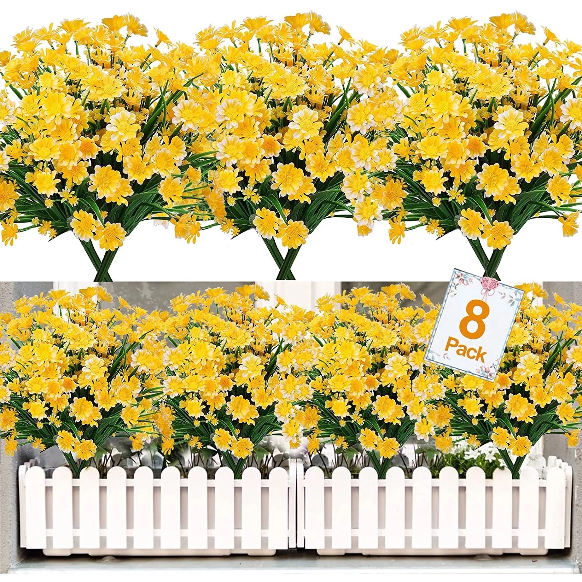 8 Bundles Artificial Daisy Flowers Outdoor Fake Flants No Fade Faux Plastic Flower,Spring Decorations for Garden Porch Window Box(Yellow)