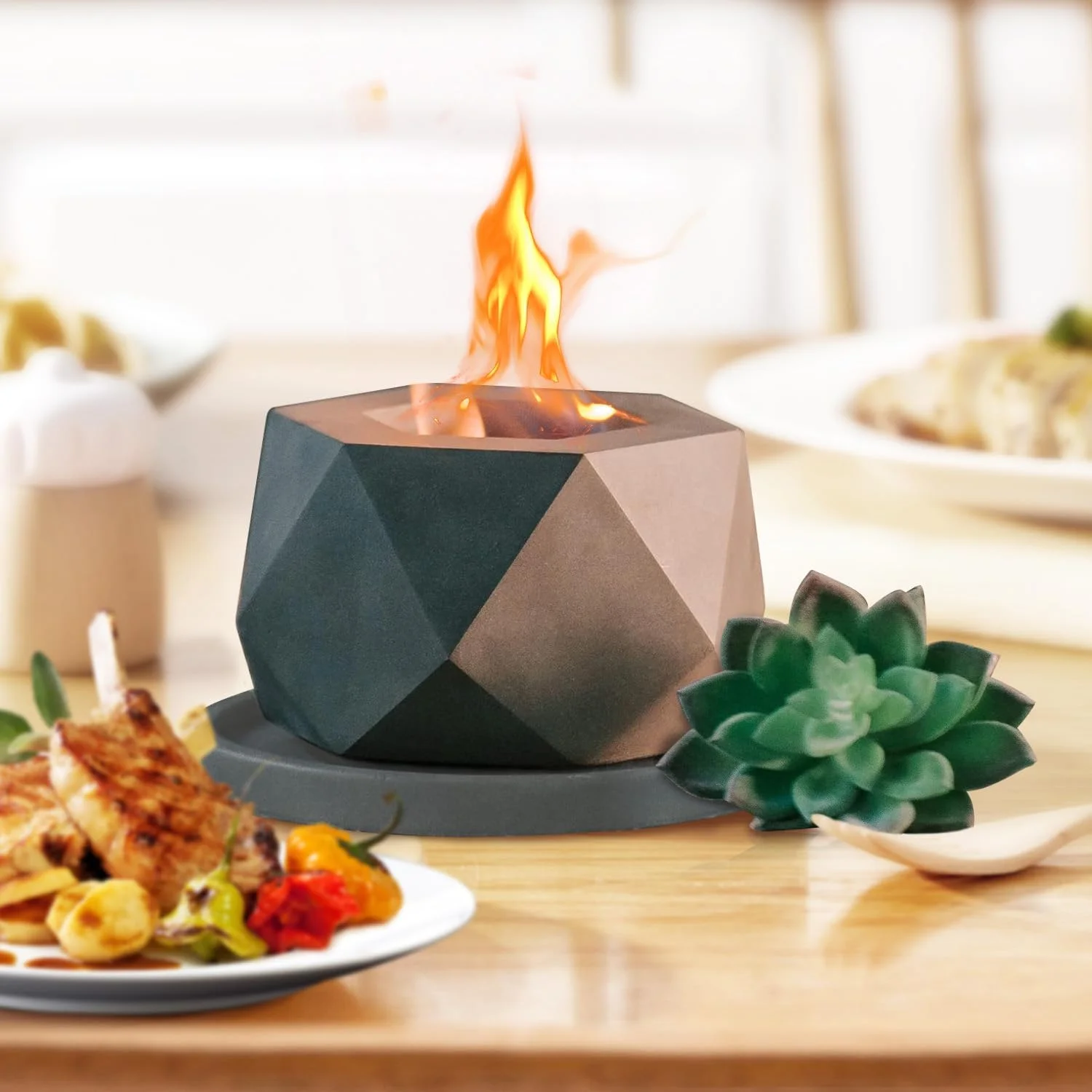 TINKLE WELL Portable Rubbing Alcohol Small Tabletop Fire Pit with Metal Extinguisher and Base, Indoor Outdoor Décor, Gray