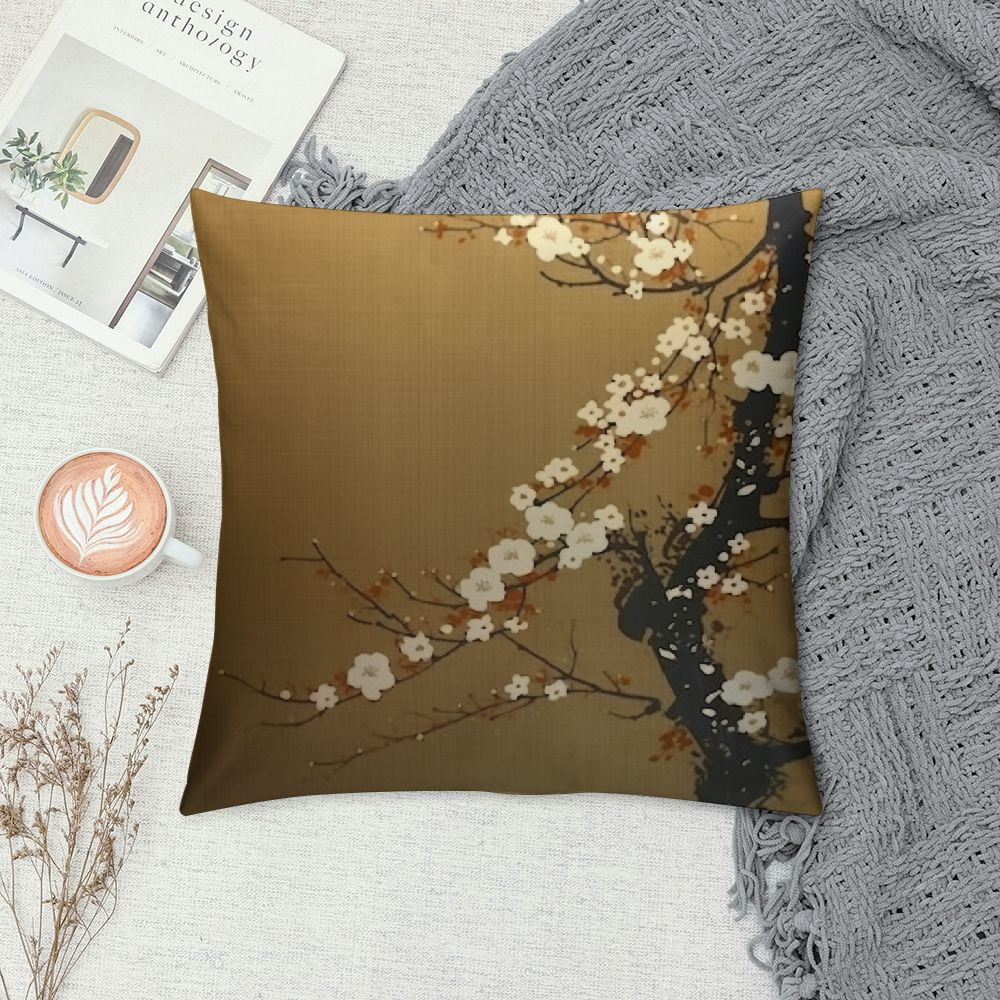 Wuche  Throw Pillows Cover Brown Japanese Bush Oriental Painting Plum Brush Blossom Wind Nature Flower Chinese Tree Cherry Japan Cushion Case for Fall Home Decor White