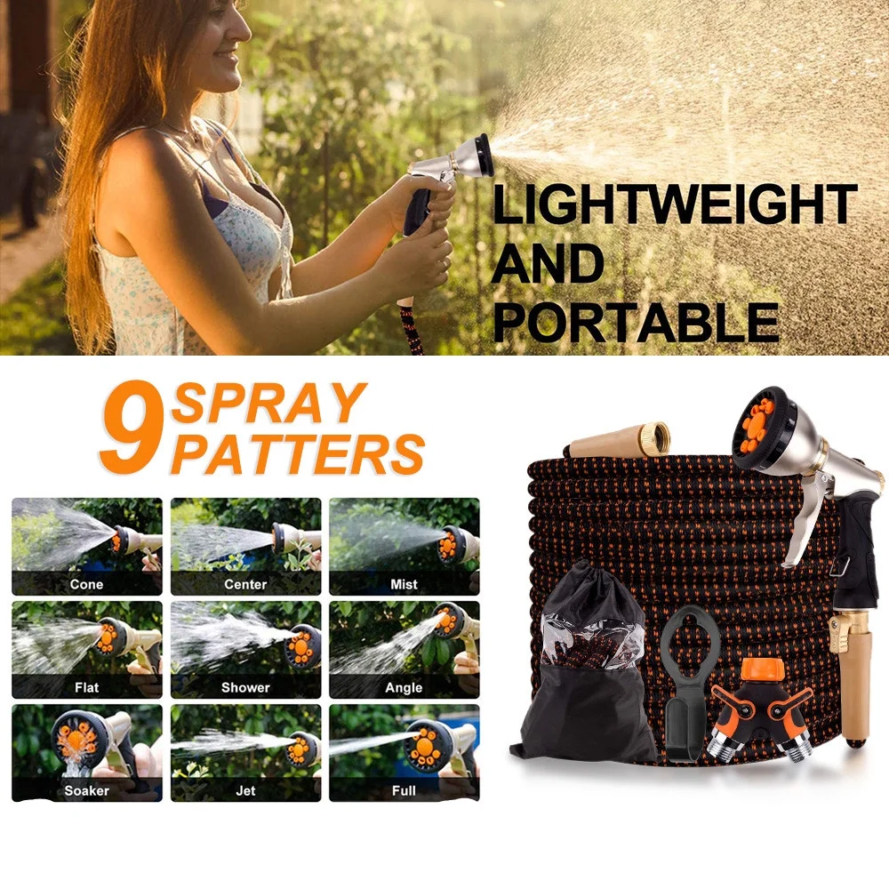 50ft Expandable Garden Hose, Water Hose with 9 Function Nozzle and Durable 4-Layers Latex, Flexible Water Hose with Solid Fittings