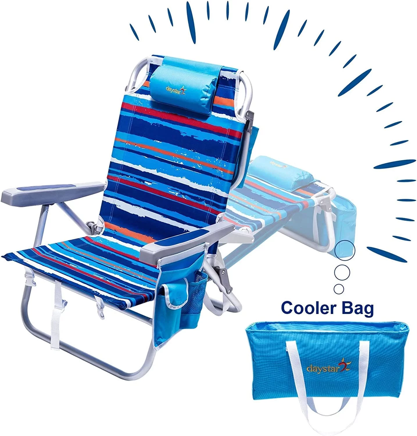 SUNNYFEEL Low Beach Chair 5 Position Lay Flat, Portable Folding Backpack Beach Chairs Heavy Duty with Cooler Bag, Cup Holder for Outdoor/Lawn/Picnic/Fishing, Foldable Camping Chair (New BlueStripe)