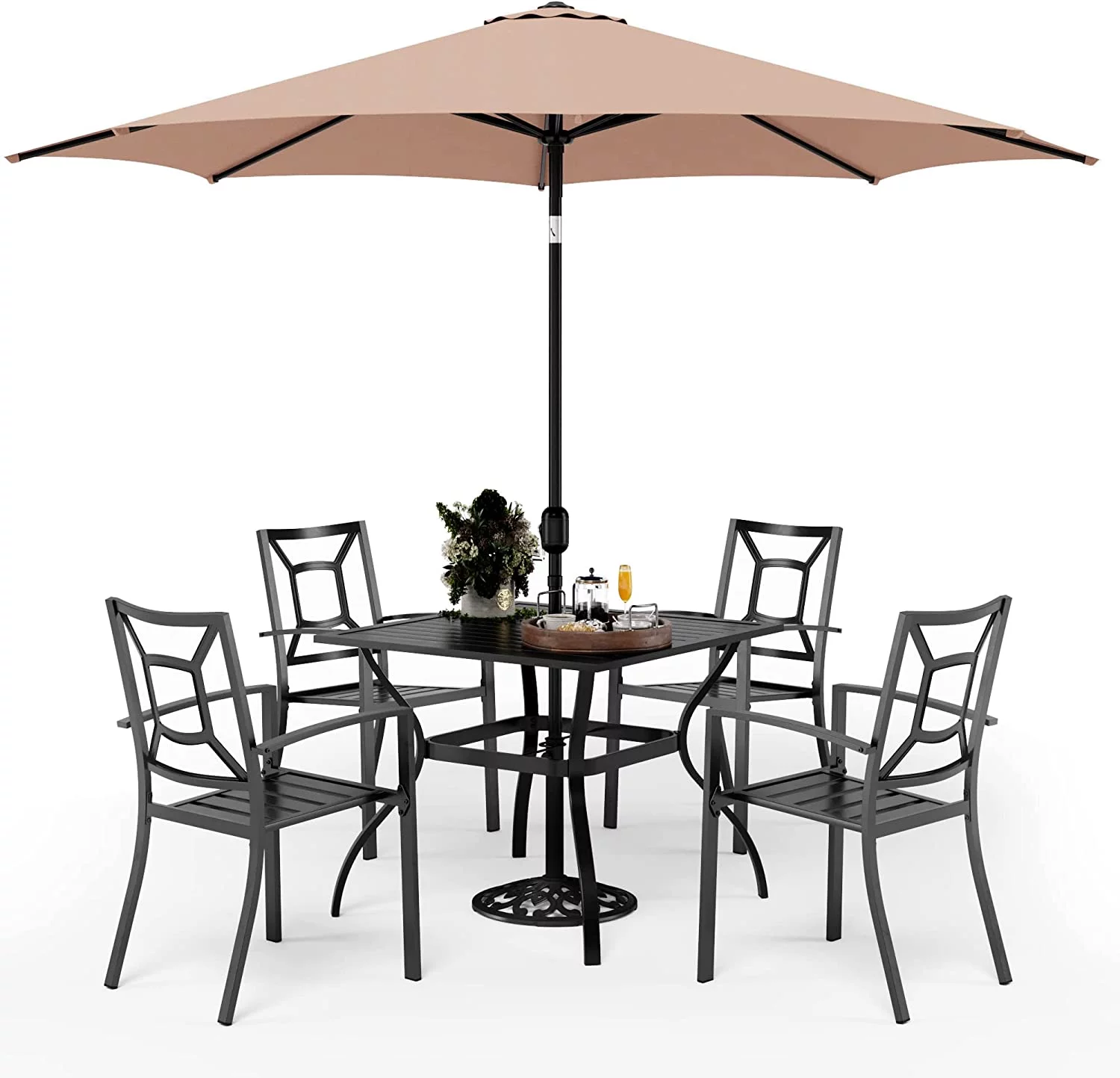 VILLA 5 Piece Patio Dining Set with 10ft Umbrella  37" Square Metal Dining Table & 4 Stacking Metal Chair with 3 Tier Navy Umbrella for Outdoor  Deck  Yard  Porch