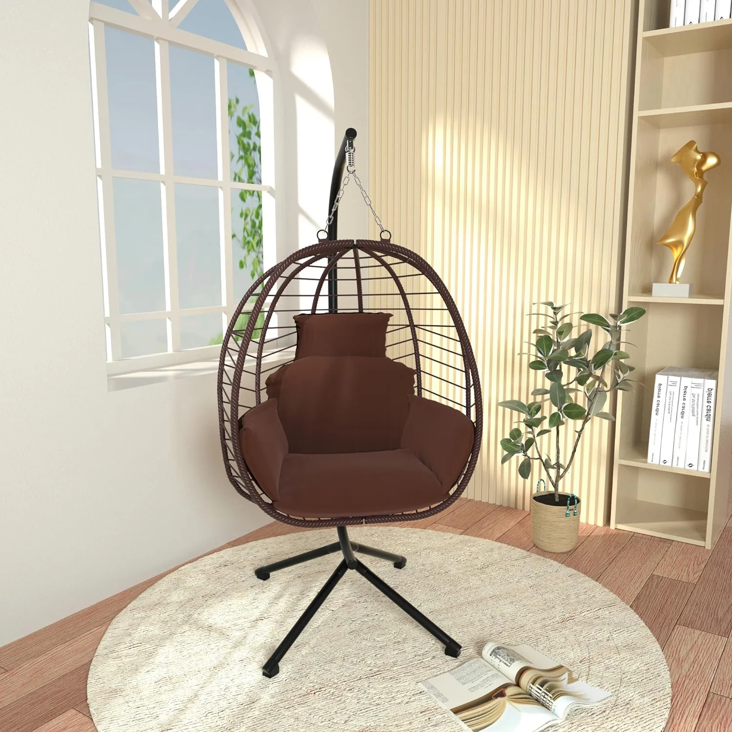 Hanging Egg Chair with Stand Patio Hammock Swing Chair, Basket Wicker Rattan Adjustable Height UV Resistant Indoor Outdoor Use 350Lbs Brown