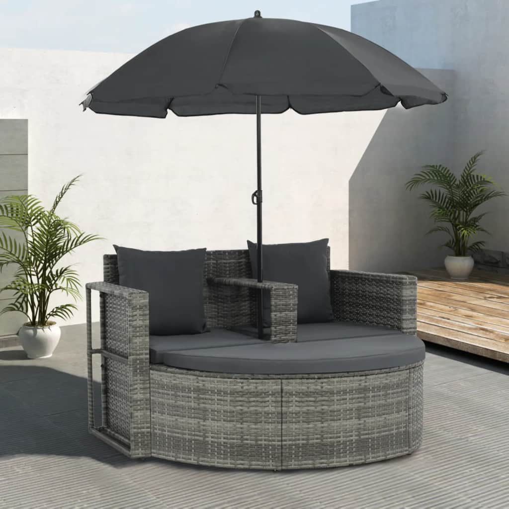 Andoer 2 Seater Garden Sofa with Cushions and Parasol Gray Poly Rattan