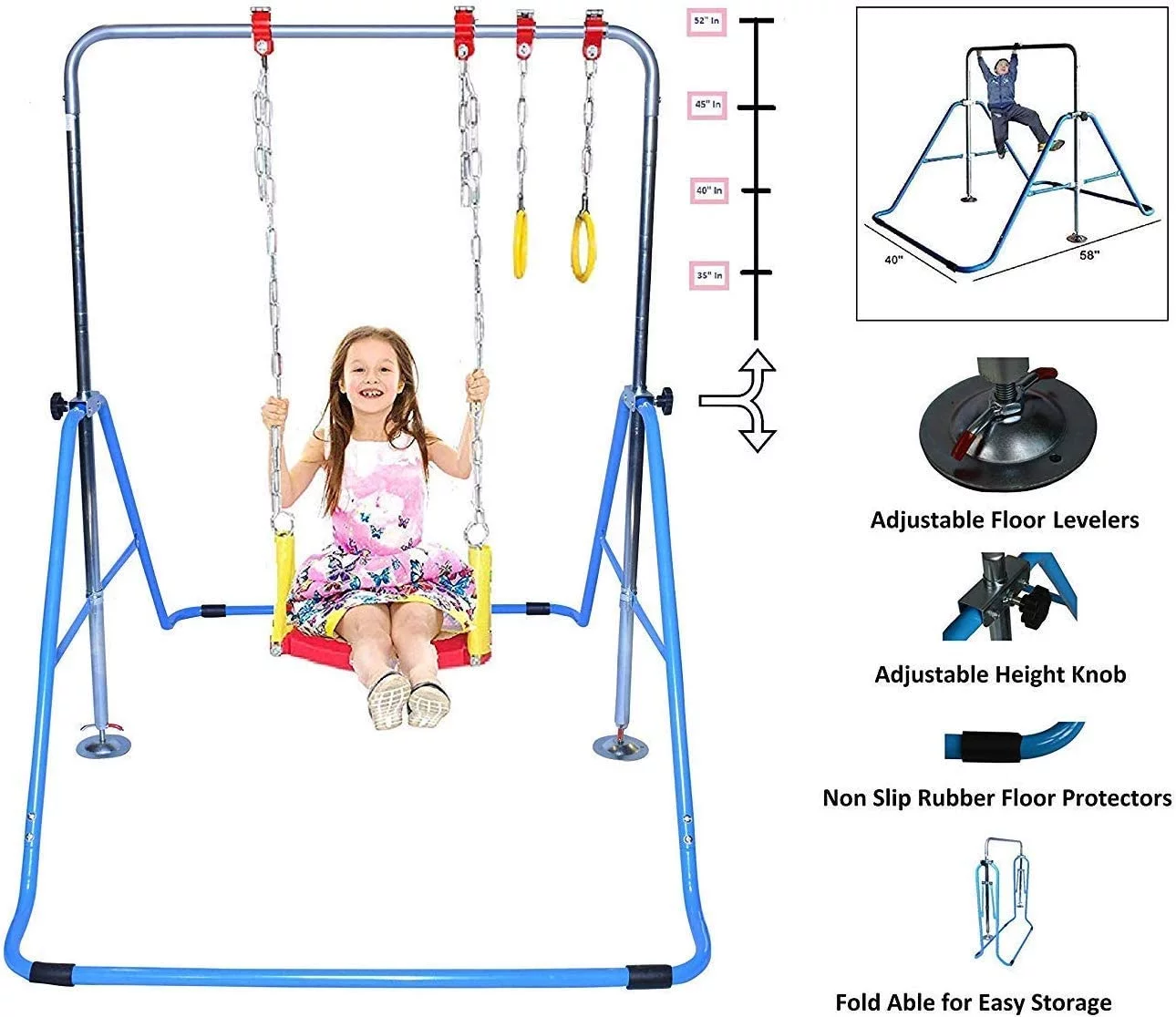 Gym 3 in 1 Gymnastics Monkey Bar Deluxe Swing Set, Trapeze Rings, Adjustable Horizontal Climb Tower Playground Junior Training Blue