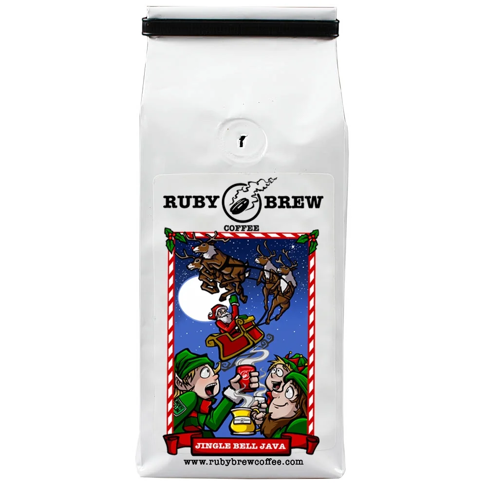 Ruby Brew Jingle Bell Java Coffee Blend Ground Medium Roast Caramel Rum Pecan Cinnamon and Vanilla 16 oz Bag