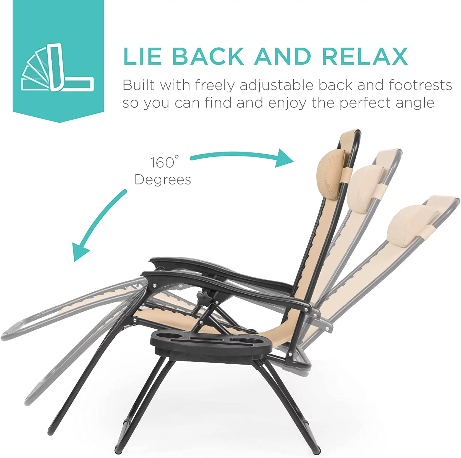 Set of 2 Adjustable Steel Mesh Zero Gravity Lounge Chair Recliners w/Pillows and Cup Holder Trays - Sand