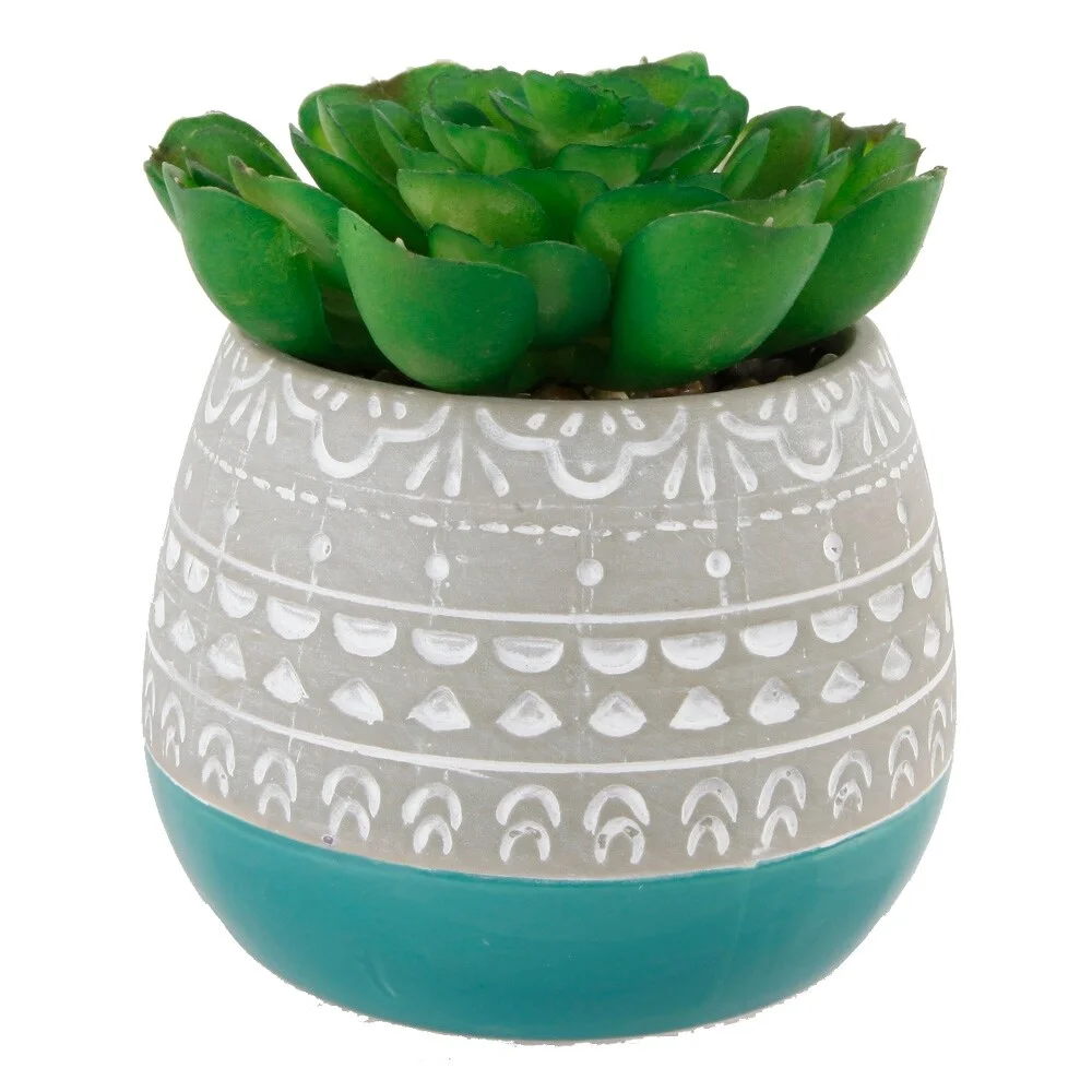 Flora Bunda Artificial Succulent in Two Tone Teal Mayan Ceramic Pot