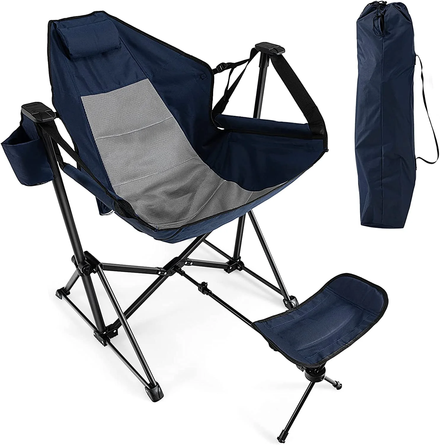Swinging Hammock Chairs for Camping, Rocking Camp Chair w/Retractable Footrest, Folding Camping Chair for Adults, Great for Camping, Fishing, Picnic, Carrying Bag Included, Pack of 1, Navy