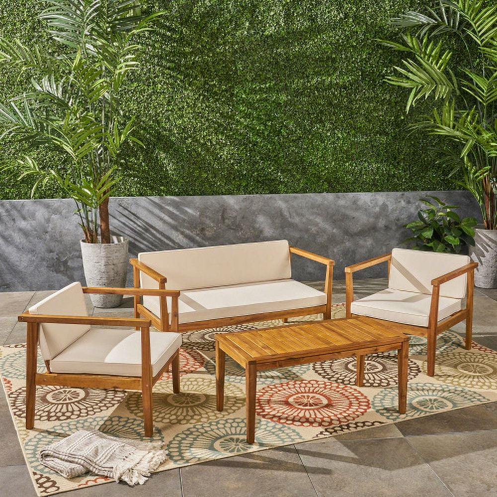 Buumin Outdoor 4-Seater Acacia Wood Chat Set with Coffee Table with Cushions, Teak and Beige