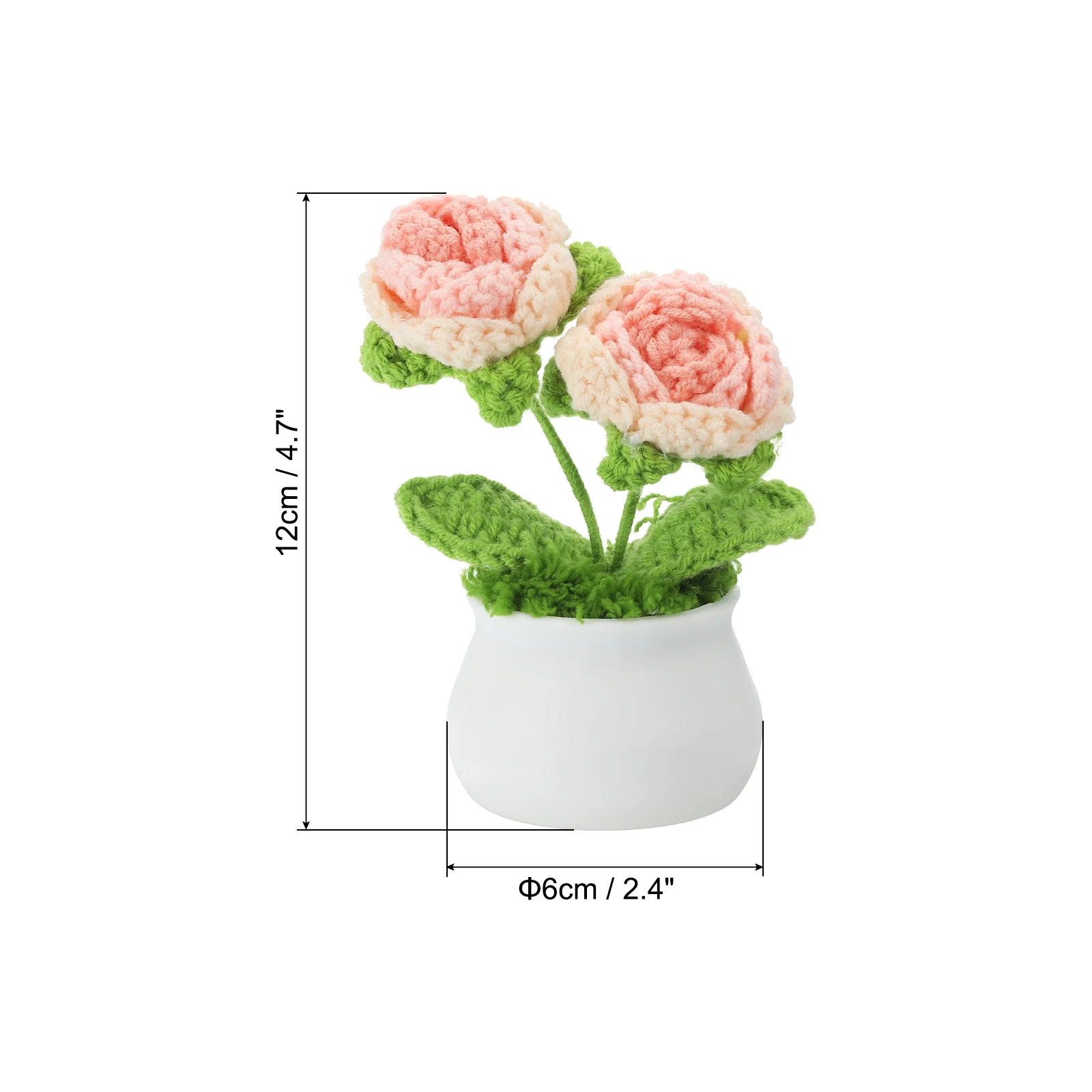 Uxcell Crochet Flowers Potted, 2 Head Rose Flower Handmade Knitted Mini Potted Plants, Gradient Pink