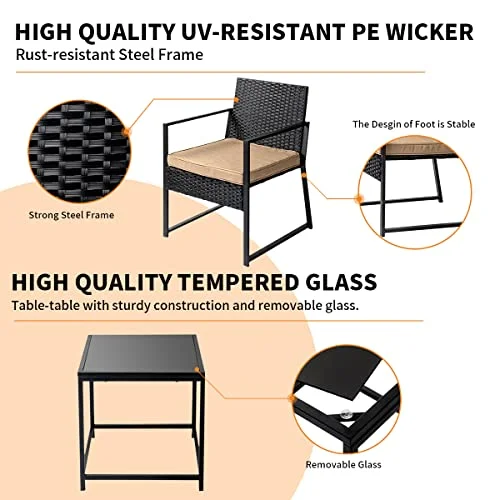 Patio Furniture Set,Wicker Bistro Set 3 Pieces Outdoor Furniture,Rattan Table and Patio Chairs Set for Balcony,Yard,Porch and Deck（Khaki