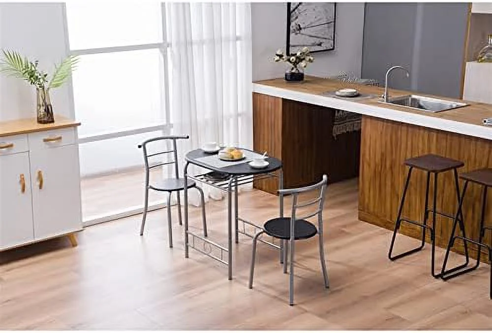HYHBIBOOM 3-Piece Dining Table Set - Small Kitchen Breakfast Table Set - Wooden Table and 2 Chairs with Metal Frame - Compact Breakfast Nook Dining Set with Built-in Wine Rack - Space Sav