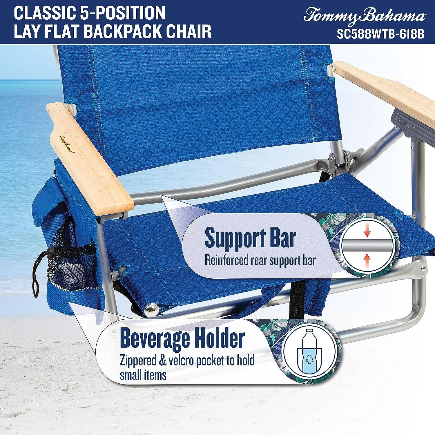 Tommy Bahama 5 Position Backpack Chair, Aluminum, Blue