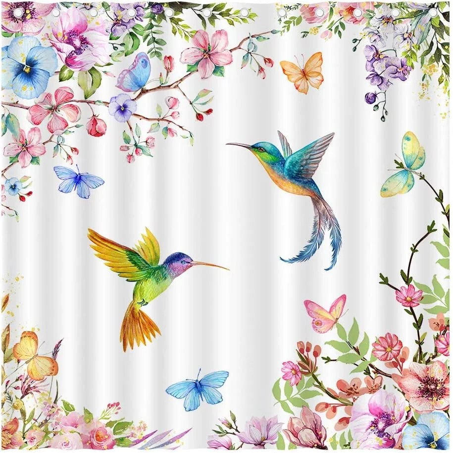 Sonernt Spring Hummingbird Shower Curtain for Bathroom Floral Bird Shower Curtain Flower Butterfly Shower Curtain Home Bathtub Decor with 12 Hooks Washable Durable Polyester Fabric 72