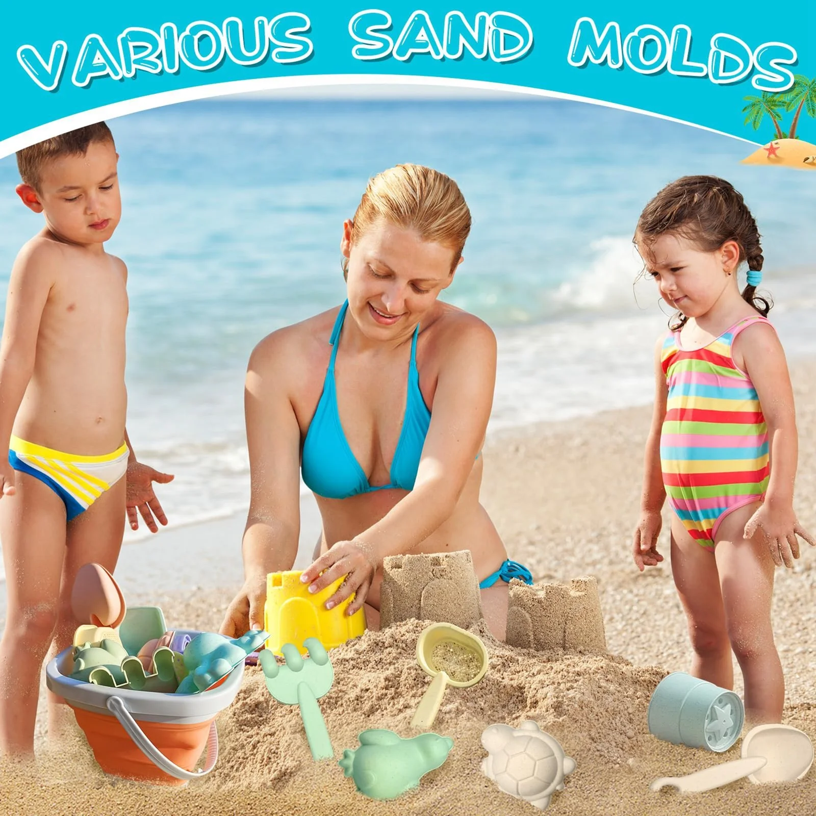 ZiSUGP Beach Toy Set New Water Play Beach Folding Bucket Sand Digging Shovel Children's Beach Sand Playing Tool Set Mini Inflatable Pool Rings