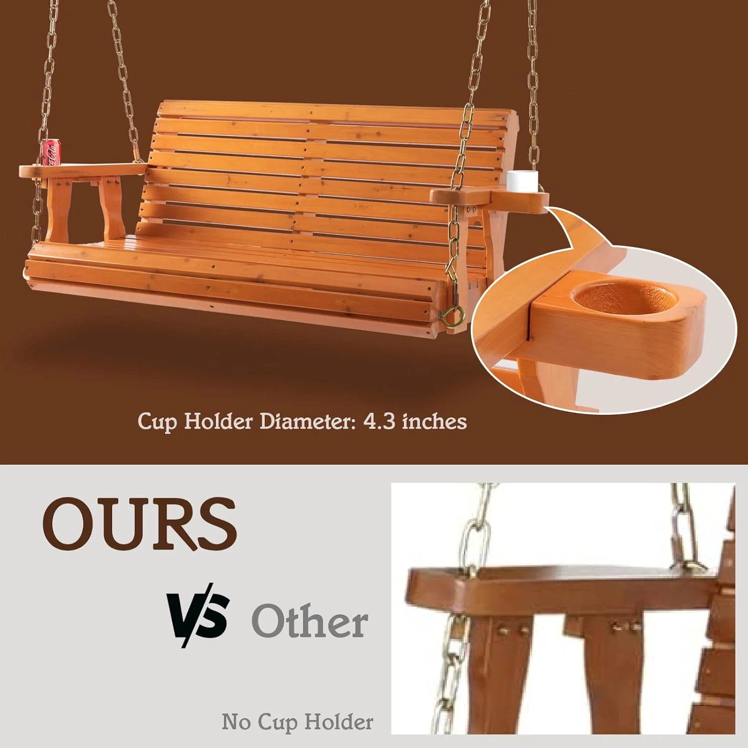 AEFRGHS Porch Wooden Swings with Chain - Outdoor Finished Hanging Bench Swing Chair  2 Seater  Natural for Garden  Courtyard  Patio