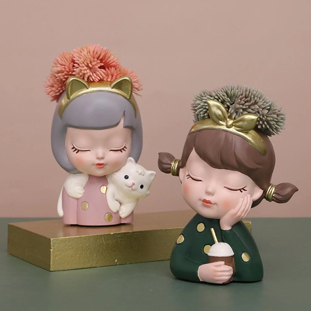 2x Small Resin Succulent Pots Flower Planter Pot Flower Pot Tiny Planter Home and Office Decor Pot Planter Milk tea Cat Girls