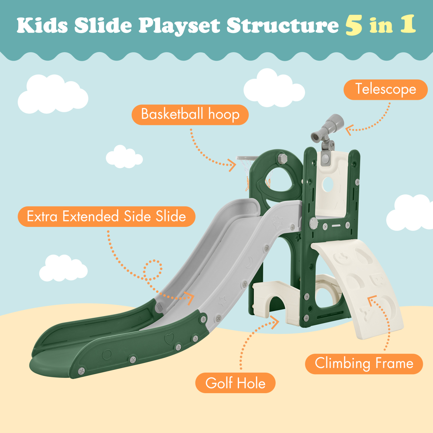 Interactive and Fun Kids‘ 5 in 1 Slide Playset Structure with Freestanding Spaceship Design  Slide  Telescope  Basketball Hoop  and Golf Holes for Toddlers - Perfect Kids Climbers Playgro