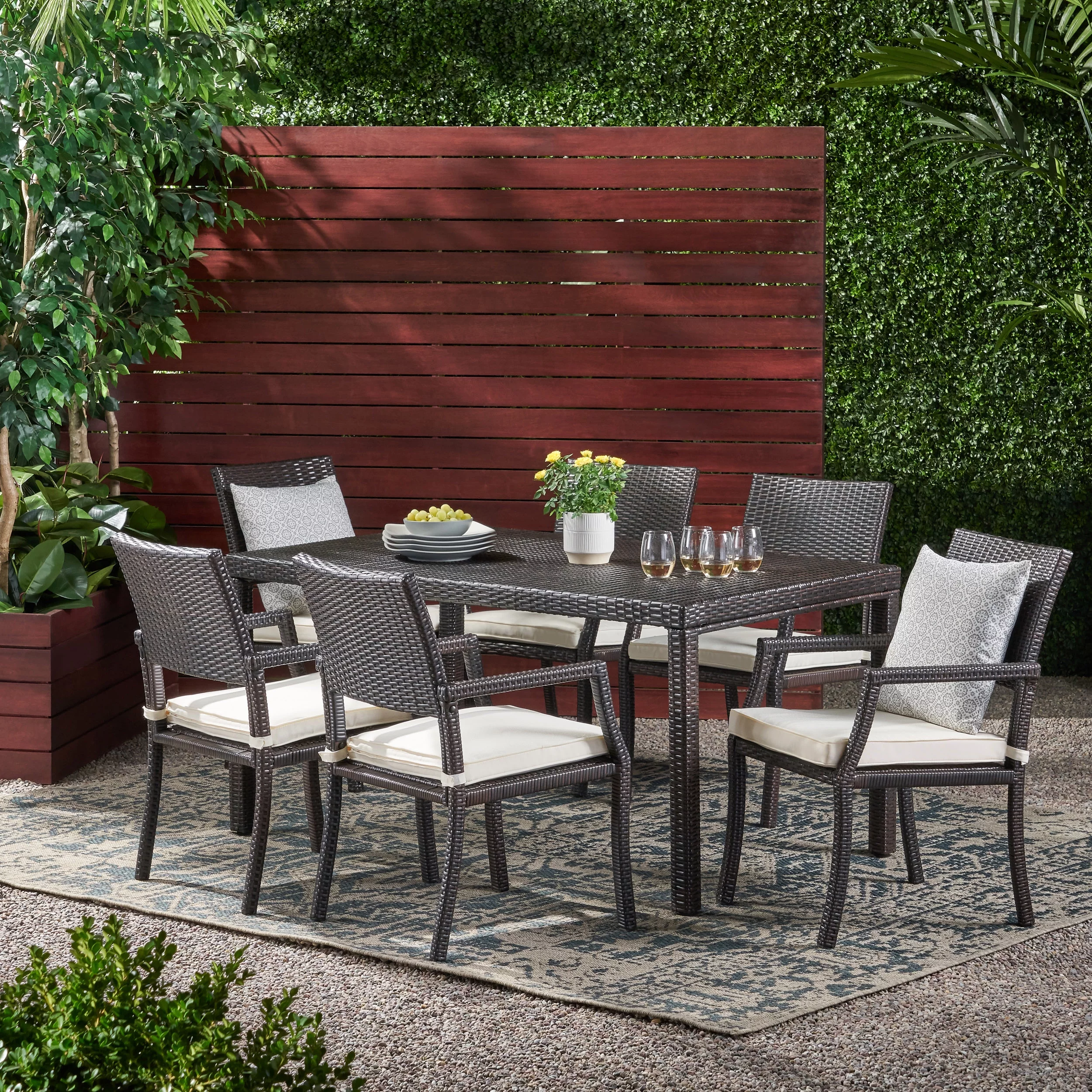 Outdoor 7-piece Wicker Rectangular Dining Set,Multibrown,White