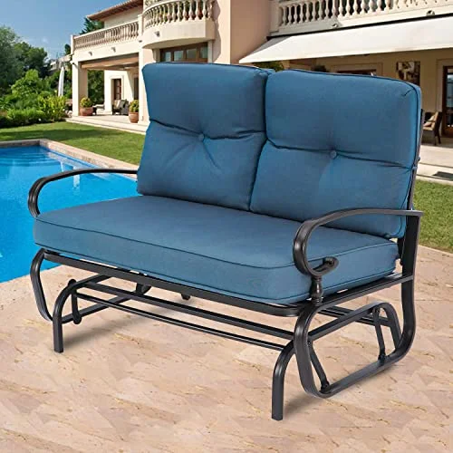 SUNCROWN Outdoor Swing Glider Chair, Patio 2 Seats Loveseat Rocking Chair with Cushions, Steel Frame Furniture - Peacock Blue