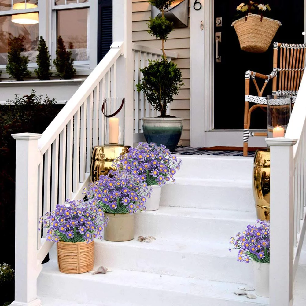 Morttic Artificial Daisy Flowers, 6 Bundles Artificial Flowers Green Plastic Shrubs Fake Flowers Indoor Outdoor Artificial Flowers, Purple