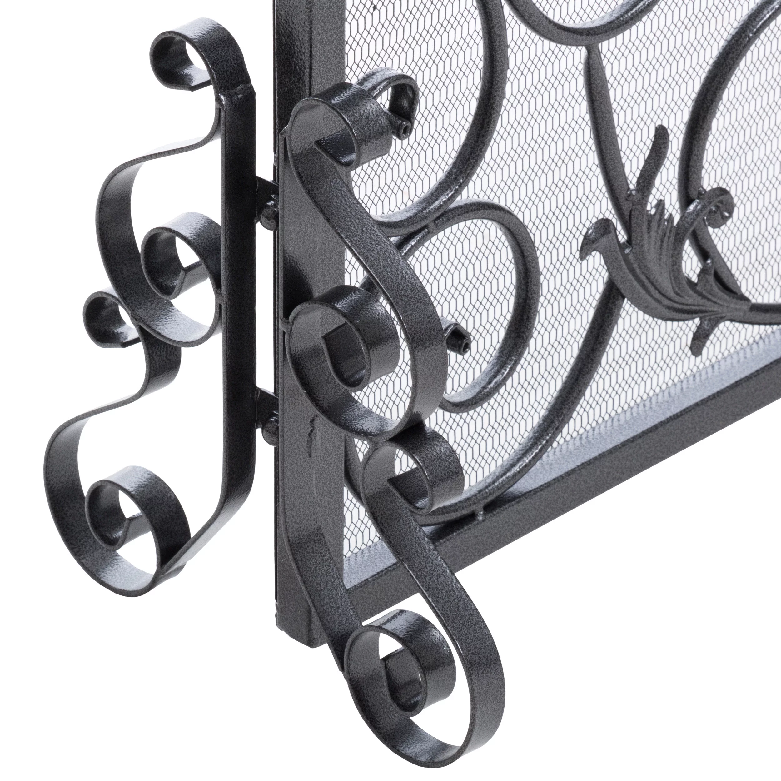 Noble House Crenshaw Iron Fireplace Screen, Silver Flower on Black