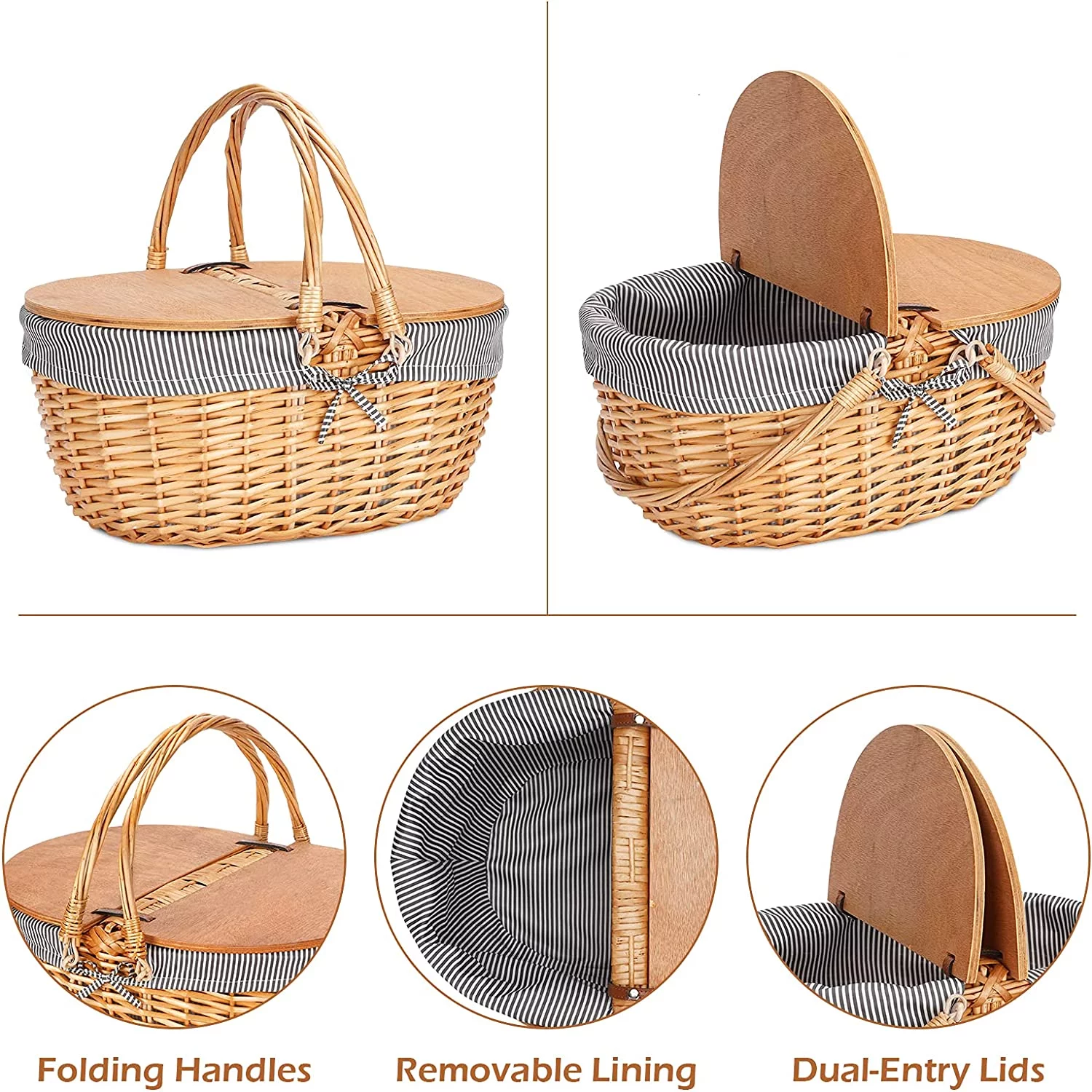 Wicker Picnic Basket with Cooler, Wooden Split Lid Picnic Basket, Vintage-Style Wicker Picnic Hamper with Folding Woven Handle for Picnic, Camping, Outdoor, Valentine Day, Thanks Giving, Birthday