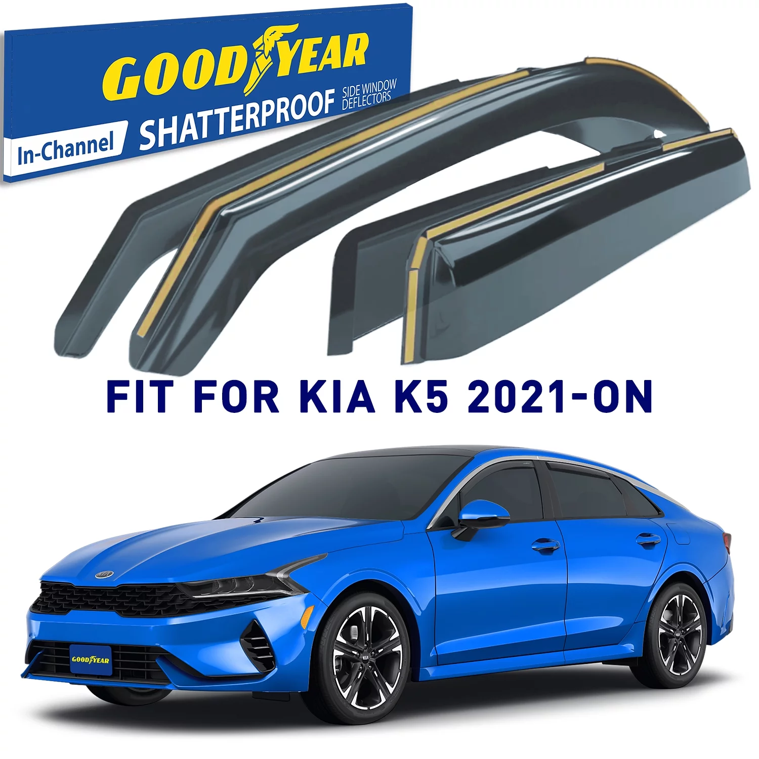 Goodyear Shatterproof in-Channel Window Deflectors for Kia K-5/K5 2021-2024, Rain Guards, Window Visors for Cars, Vent Deflector, Car Accessories, 4 pcs - GY007949