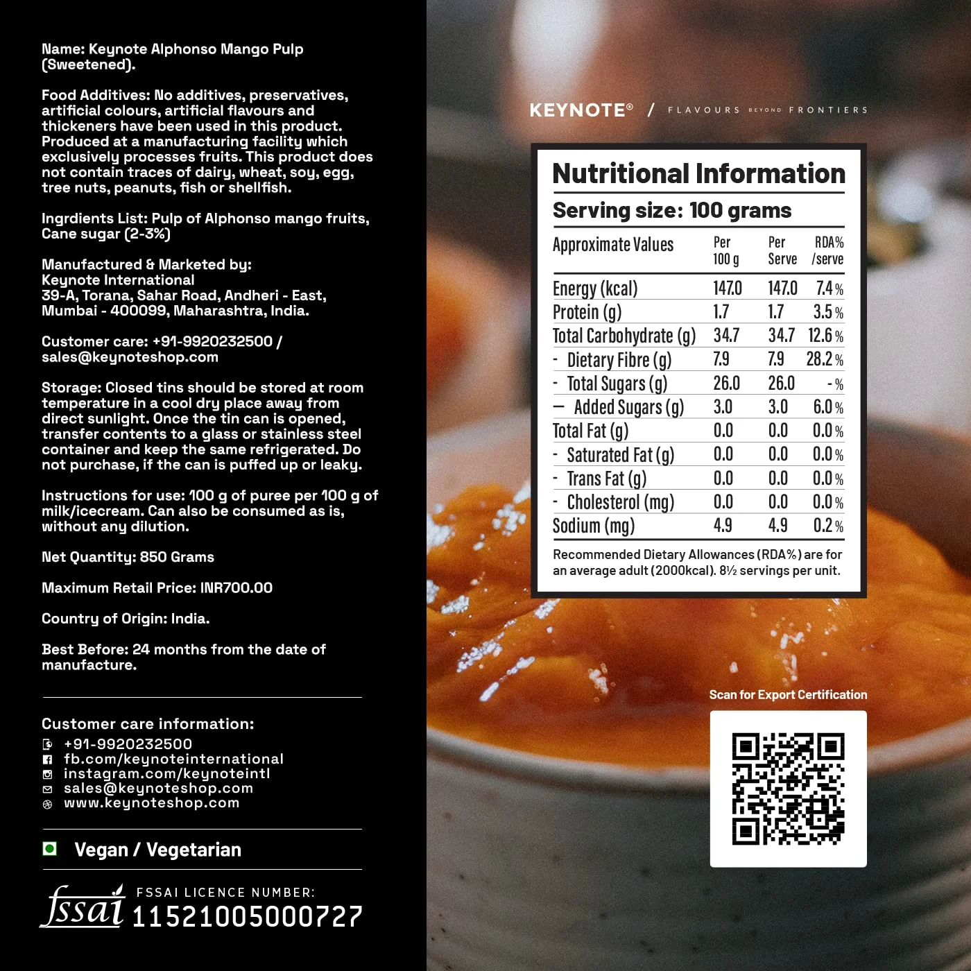 Keynote Alphonso Mango Pulp | Gi Ratnagiri Mangoes | Laboratory Certified | Export Grade | Pulp With 3% Added Sugar 850 G
