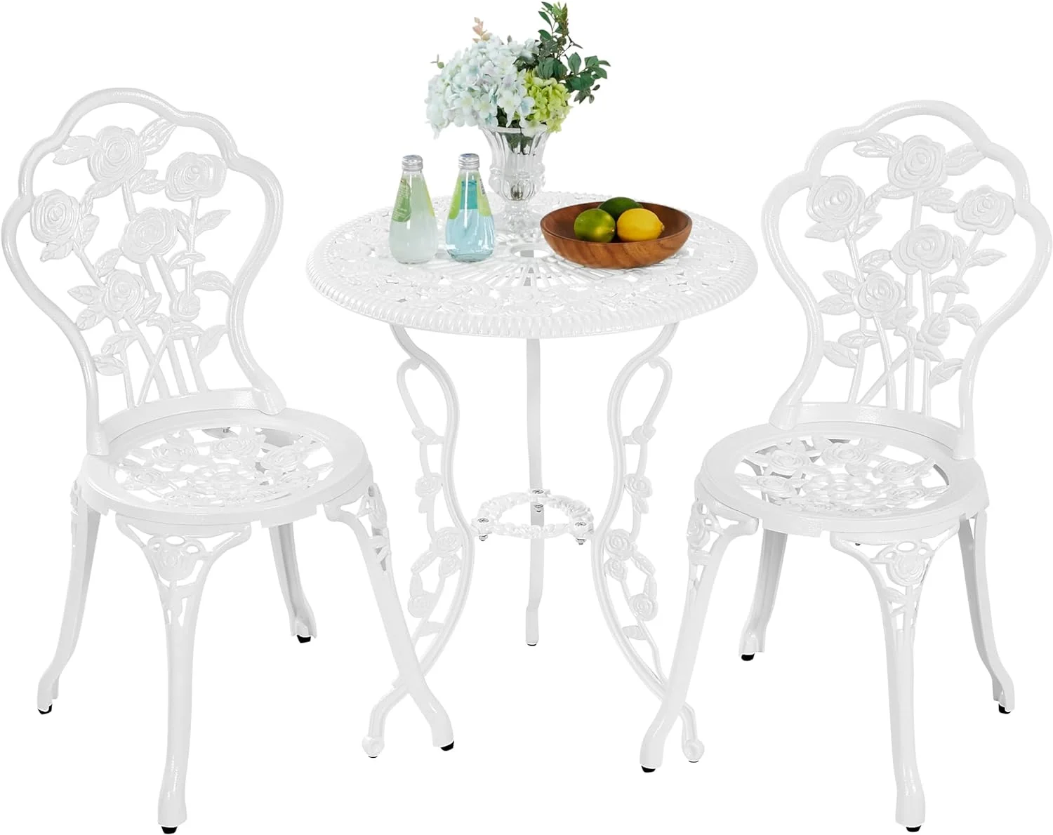 Yaheetech 3-Piece Outdoor Bistro Set w/Rose Design, Rust-Resistant Cast Aluminum Table and Chairs w/Umbrella Hole for Balcony Backyard Garden - White