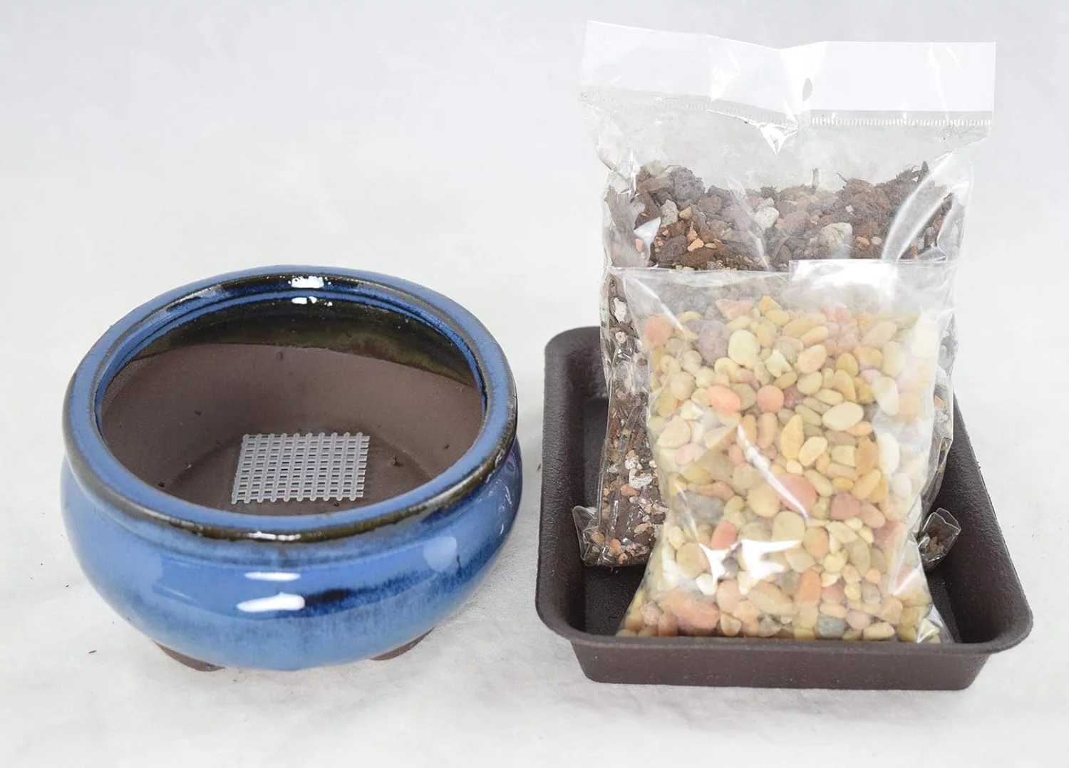 Oval Dark Blue Glazed Bonsai/Succulent + Soil + Tray + Rock + Mesh Kit
