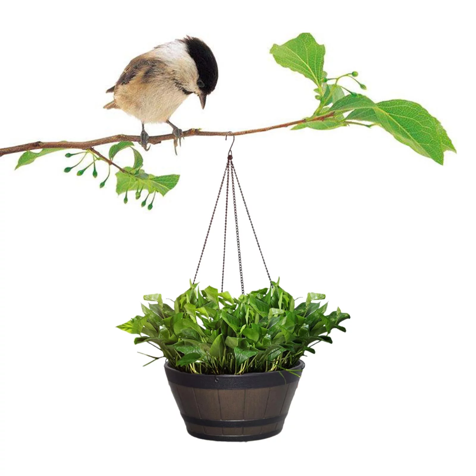 Large Wooden Bucket Barrel Planters - Rustic Flower Planters Pots With hanging chain