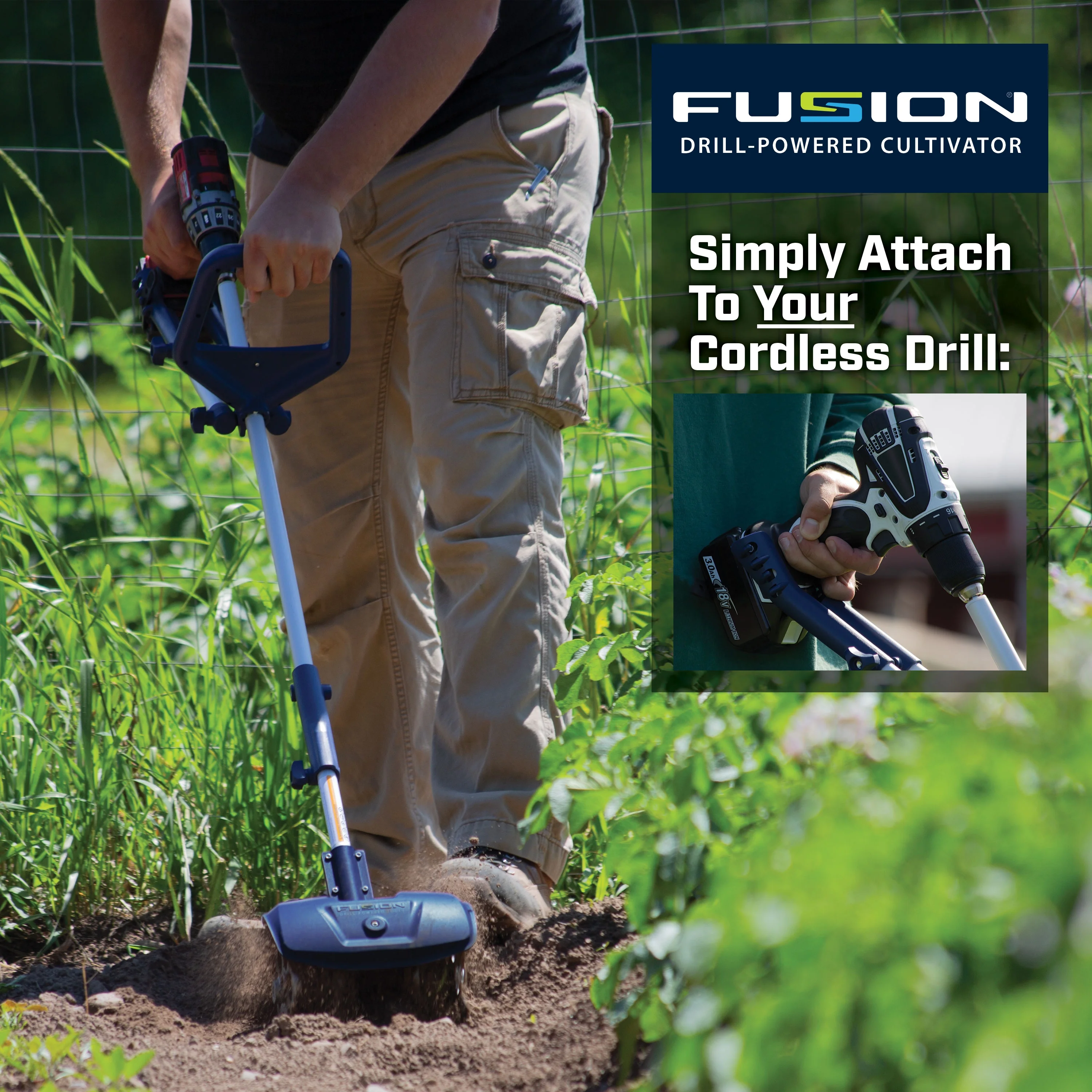 Fusion Drill-Powered Cultivator, Compatible With Most Cordless Drills, Adjustable Cultivating Width Up To 8”, Cultivating Depth Up To 5.5”, Adjustable Length, Model: 46007