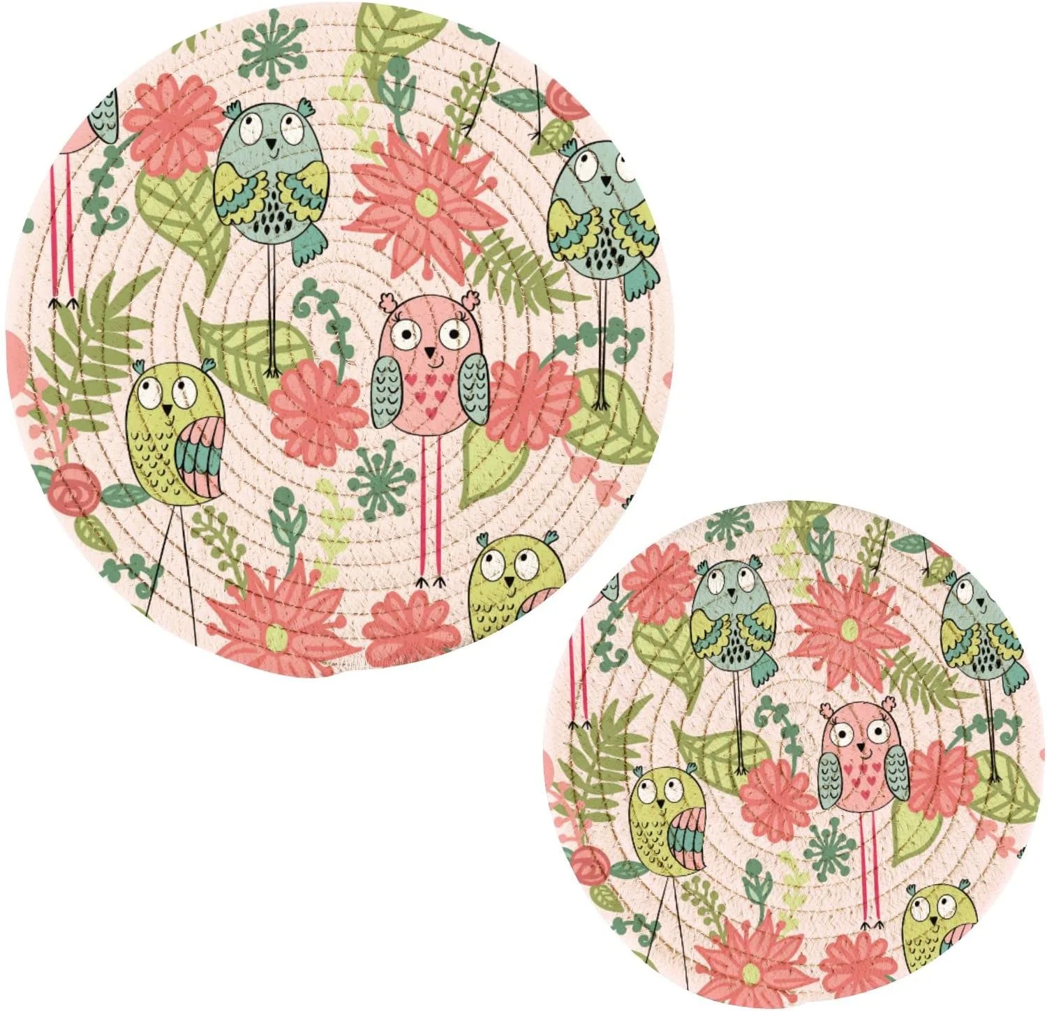 SKYSONIC Cute Owls Flowers Pot Holders Trivets, 2 Pcs Heat Resistant Trivets,Cartoon Summer Cotton Thread Weave Mats for Hot Pads Pans Pot Bowl Teapot for Kitchen Decor