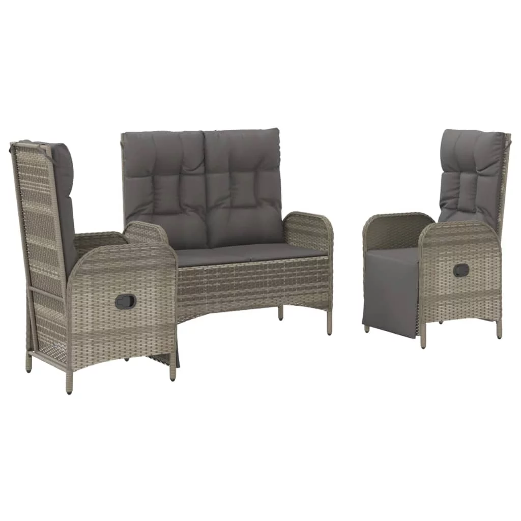 moobody 3 Piece Patio Dining Set with Cushions Gray Poly Rattan