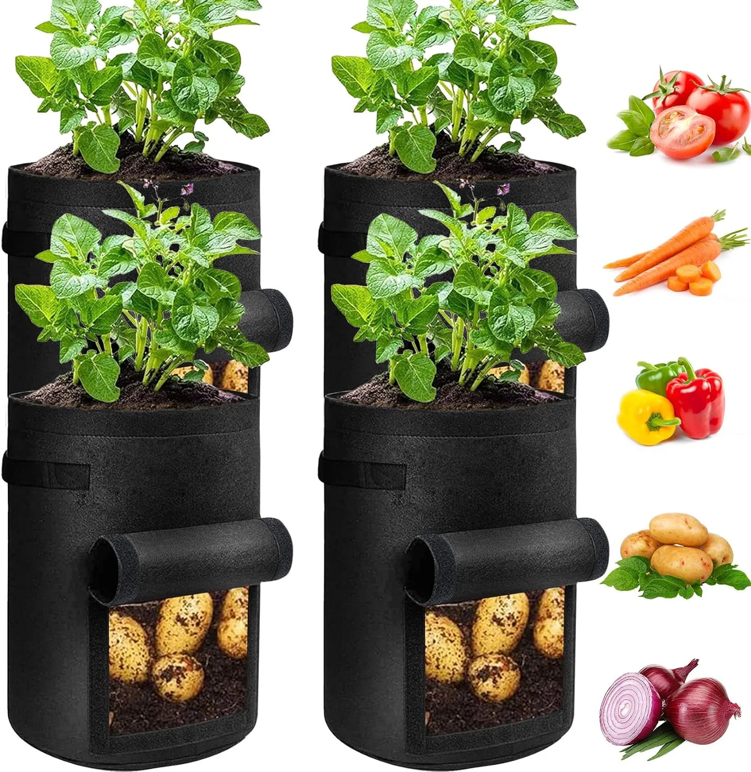 Zhuge 4 Pack Potato Grow Bags 10 Gallon with Flap, Heavy Duty Fabric with Handle and Harvest Window, Non-Woven Planter Pot Plant Garden Bags to Grow Vegetables Tomato, Black