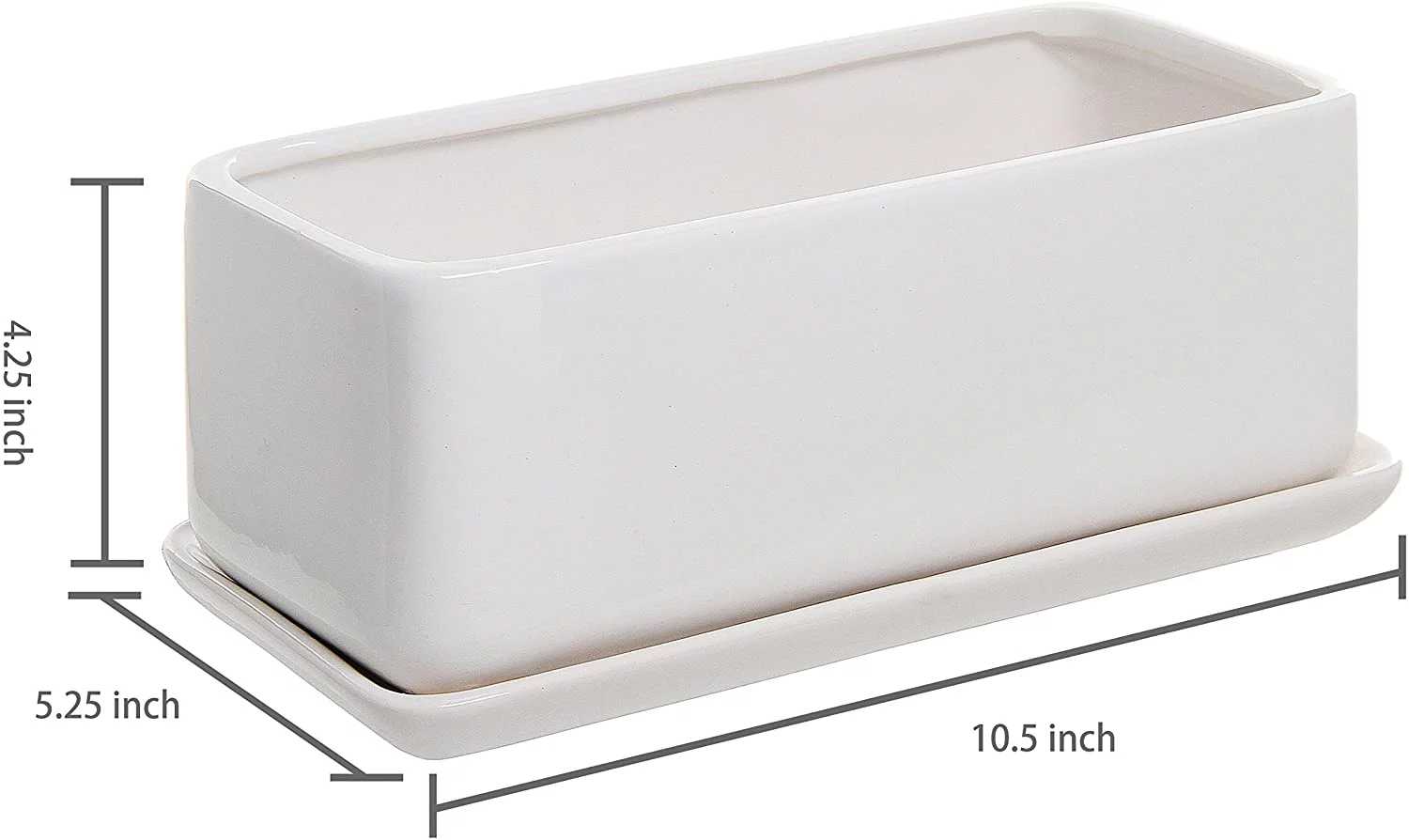 MyGift 10 Inch White Ceramic Rectangular Succulent Planters with Removable Tray, Set of 2