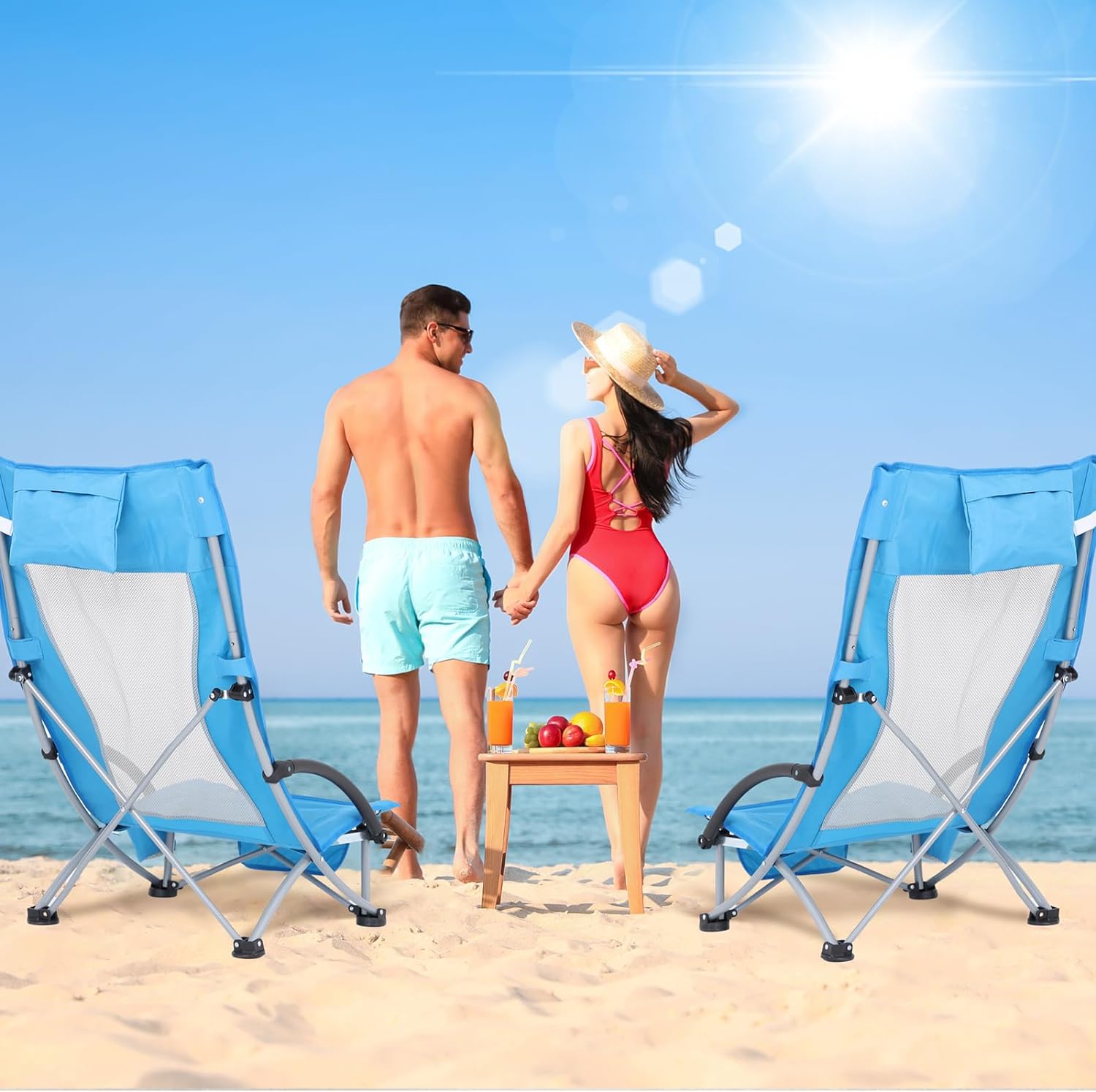 High Back Beach Chair with Umbrella,Low Beach Chairs for Adults, Portable Camping Chair Folding Beach Chair with Cup Holder & Carry Bag for Outdoor Sand Lawn (Blue)