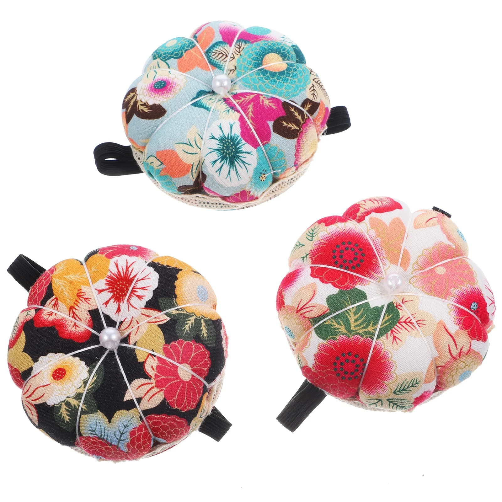 Qumonin 3pcs Vintage Floral Pumpkin Pin Cushion Wristband for Sewing and Quilting