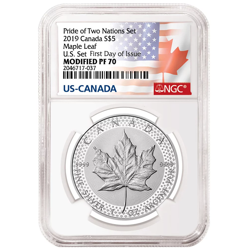 2019 Modified Proof $5 Silver Canadian Maple Leaf NGC PF70UC FDI Flags Label Pride of Two Nations U.S. Set