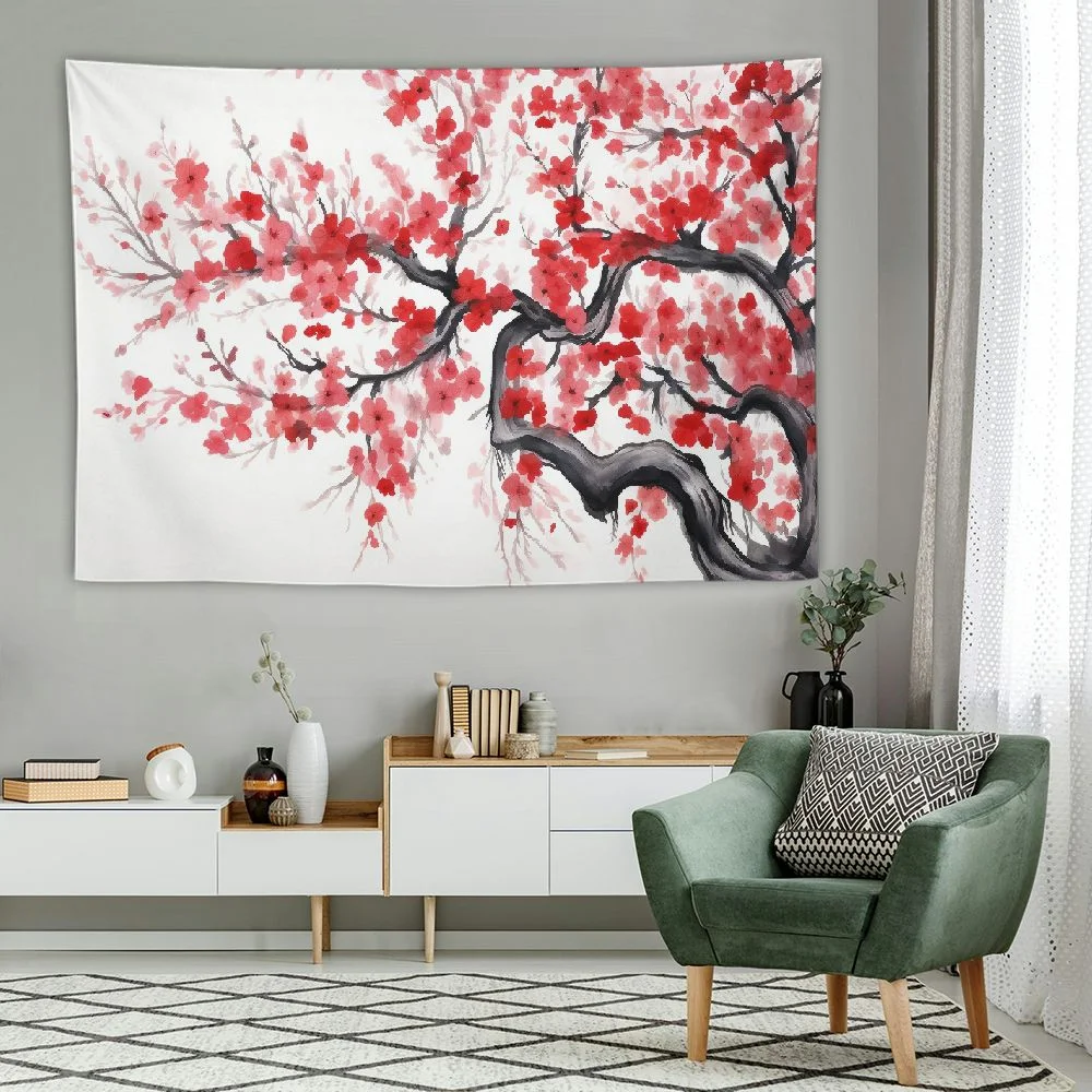 Fenyluxe Japanese Cherry BlossomTapestry, Anime Spring Plum Red Pink Floral Sakura Flower Tapestry Wall Hanging for Living Room Bedroom Dorm Decor, Asian Black and White Tapestry,60x40 Inch 60x40in