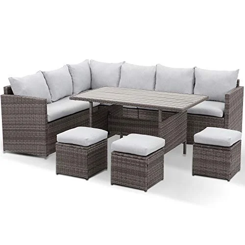 Homiyad 7-Pieces PE Rattan Wicker Patio Dining Sectional Cusions Sofa Set with Grey Cushions